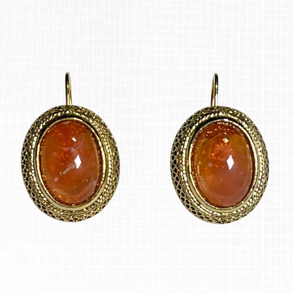 Vintage Dangle Earrings Oval Amber Color Cabochon Bezel Drop Pierced Jewelry